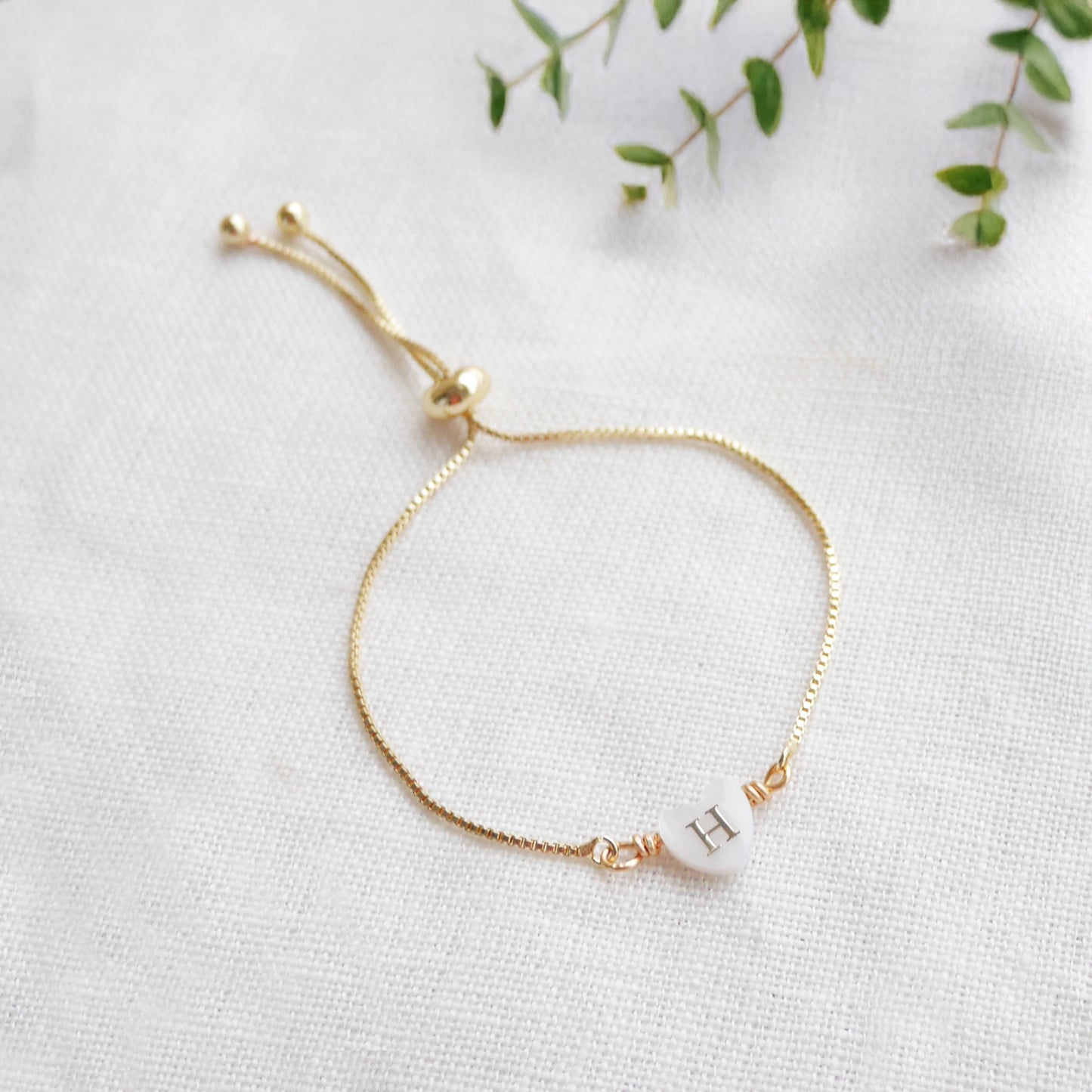 Adjustable initial heart bracelet - gold box chain slider with letter bead, personalized gift