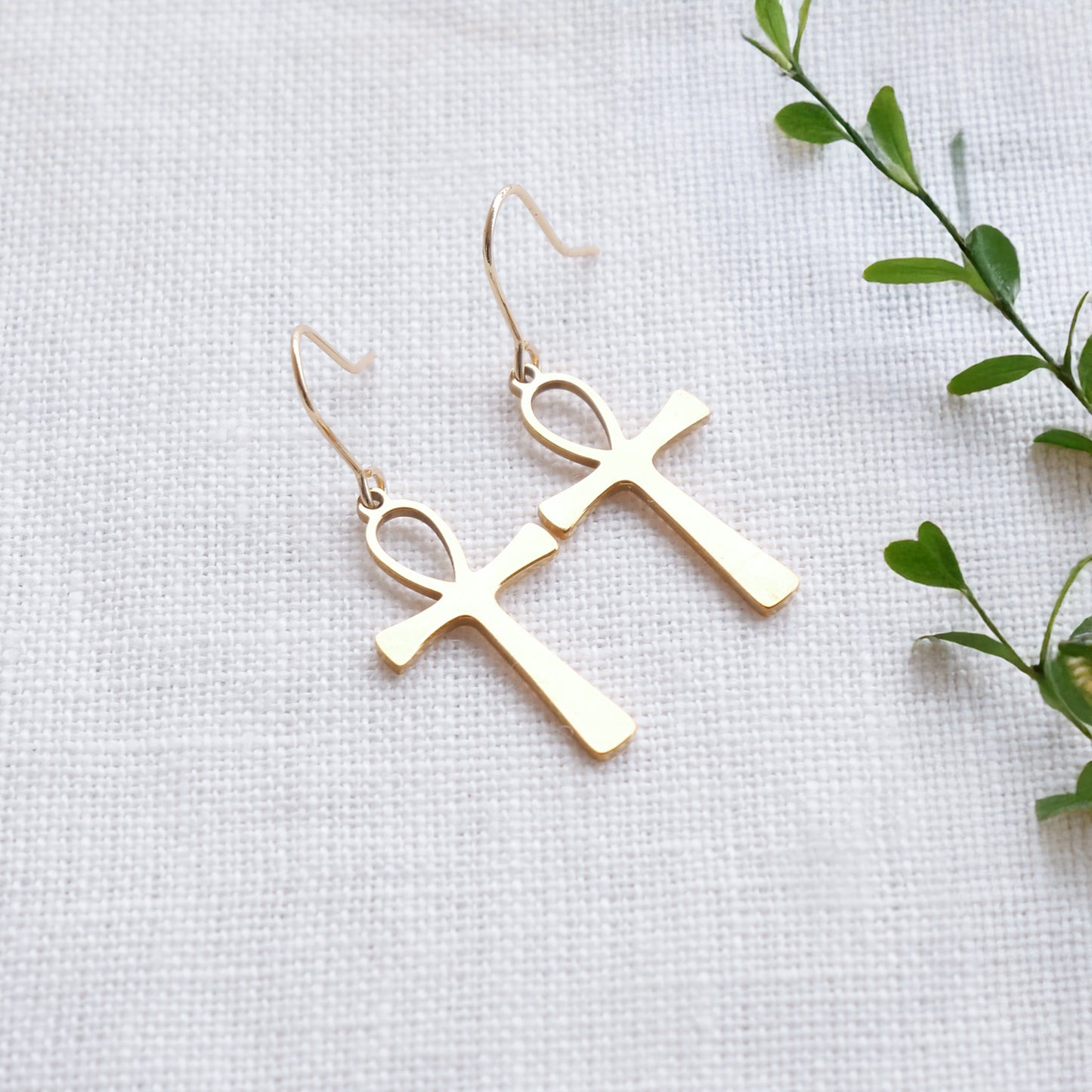 Ankh earrings - Egyptian symbol jewelry, gold charm huggie hoop gift for her