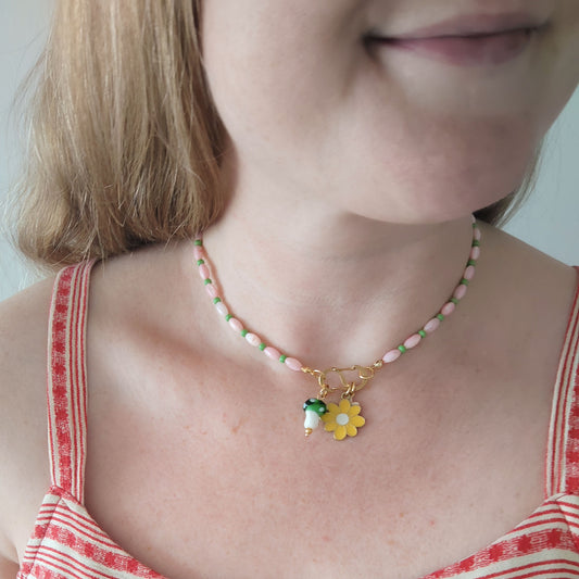 Beaded pick your charms necklace - pink shell beads carabiner choker, S-shape front lock, personalized gift for her