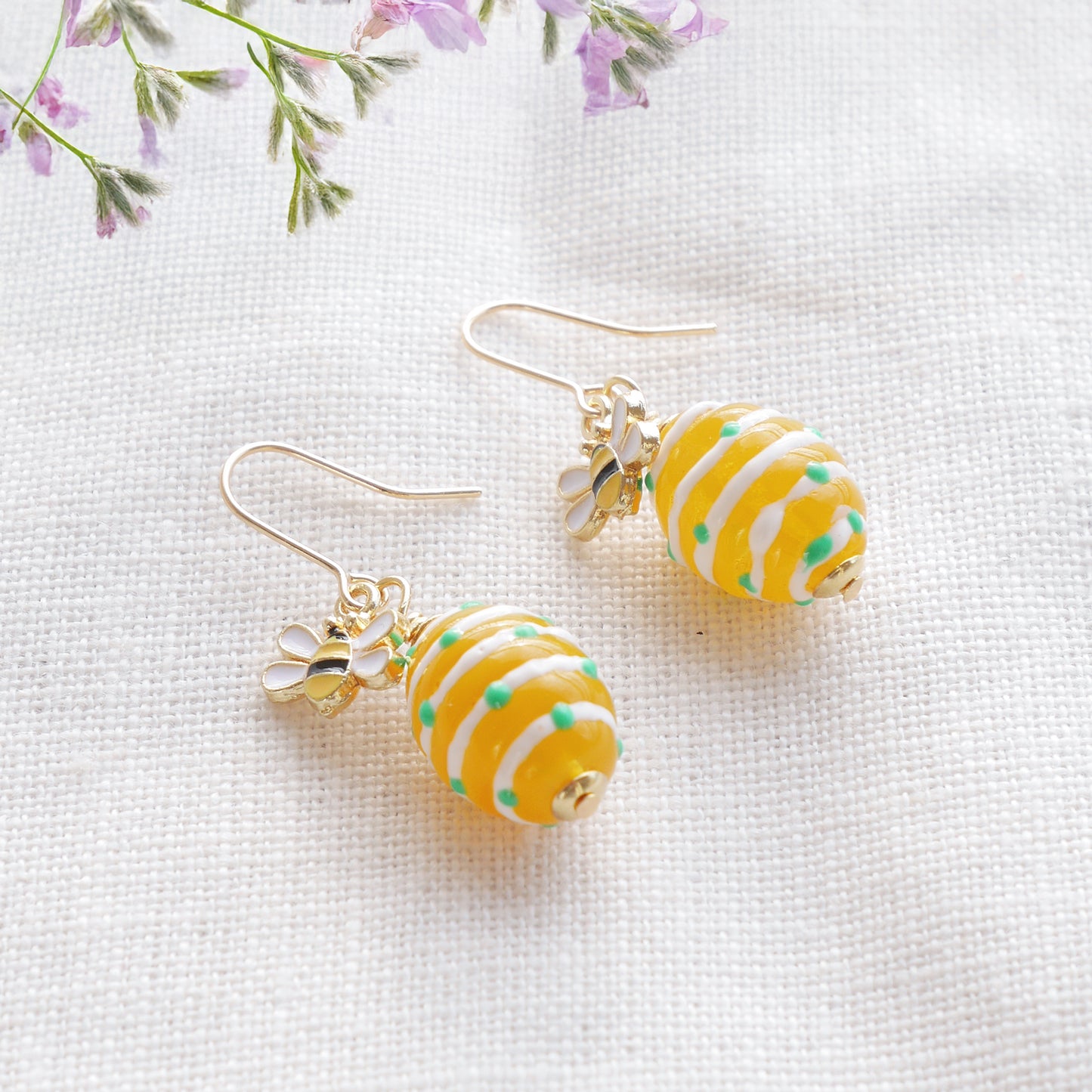 Bee earrings - boho gold jewelry gift for her, cute quirky summer drop dangle