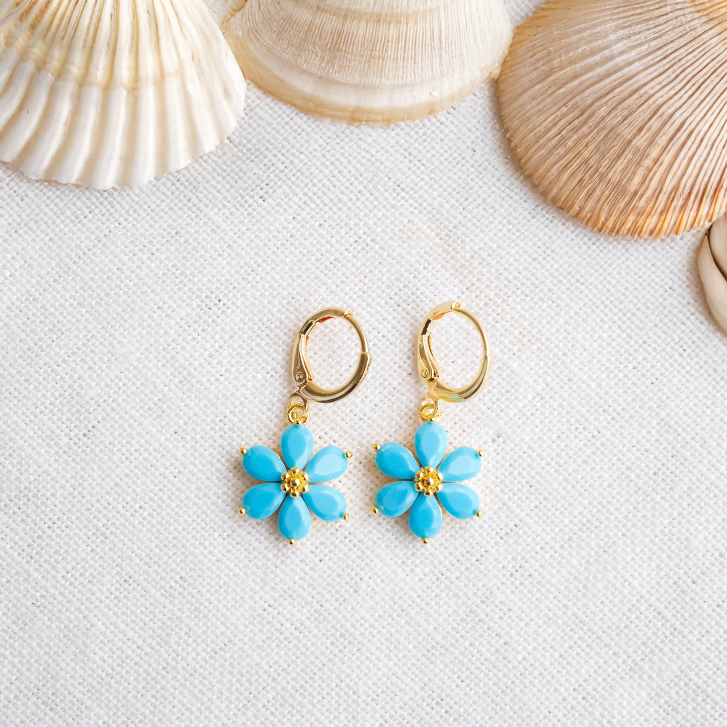 Blue flower earrings – forget-me-not hoops, dainty gold drop gift for her