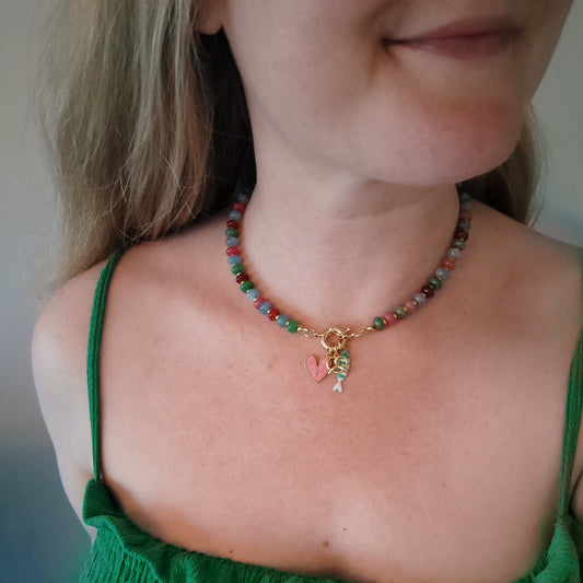Gemstone custom charm necklace - Beaded natural stone personalized jewelry gift for her, spring ring carabiner choker, colorful summer style