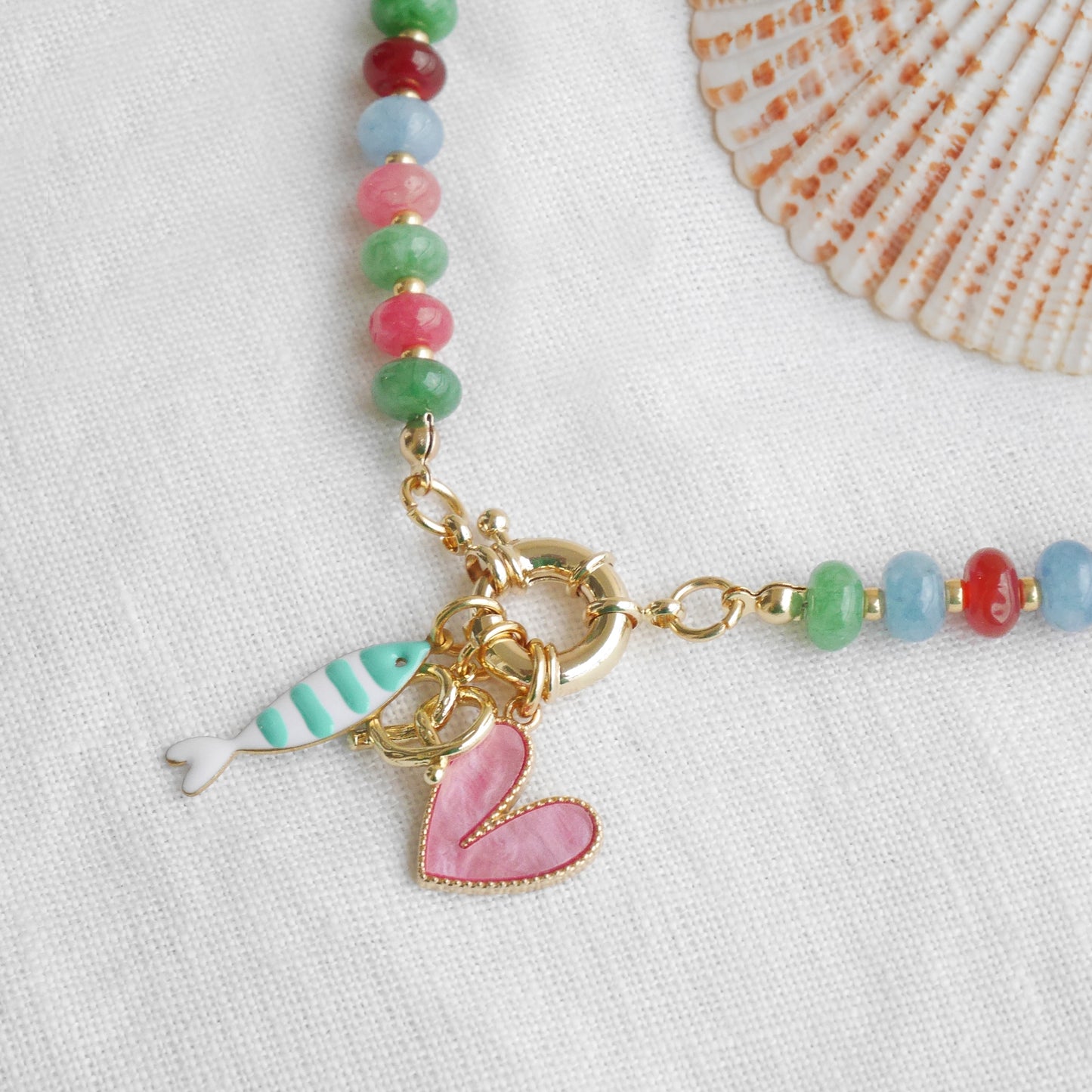 Gemstone custom charm necklace - Beaded natural stone personalized jewelry gift for her, spring ring carabiner choker, colorful summer style