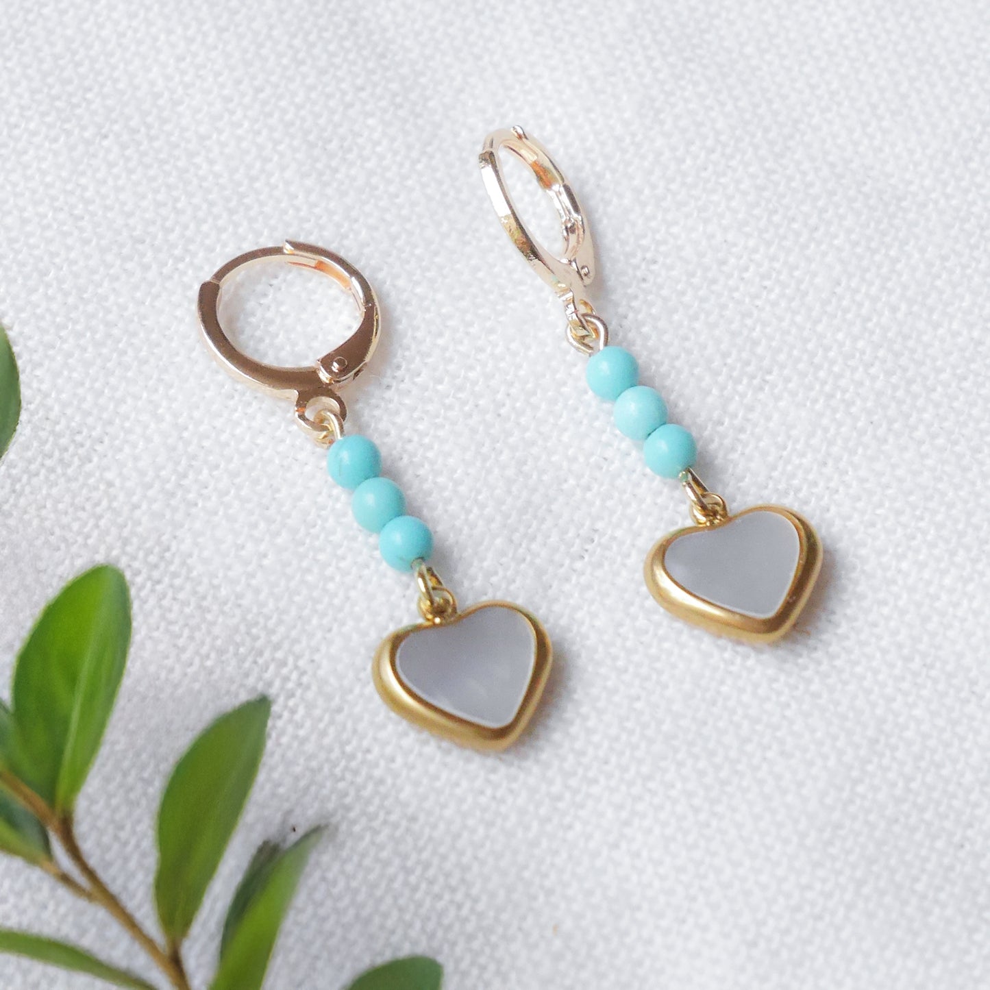 Heart earrings - turquoise drop dangles, gold-plated jewelry gift for girlfriend