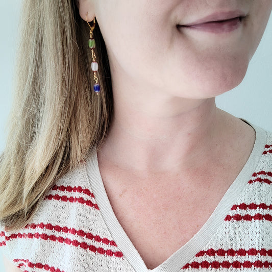 Colorful striped glass barrel earrings – long handmade dangle bead jewelry
