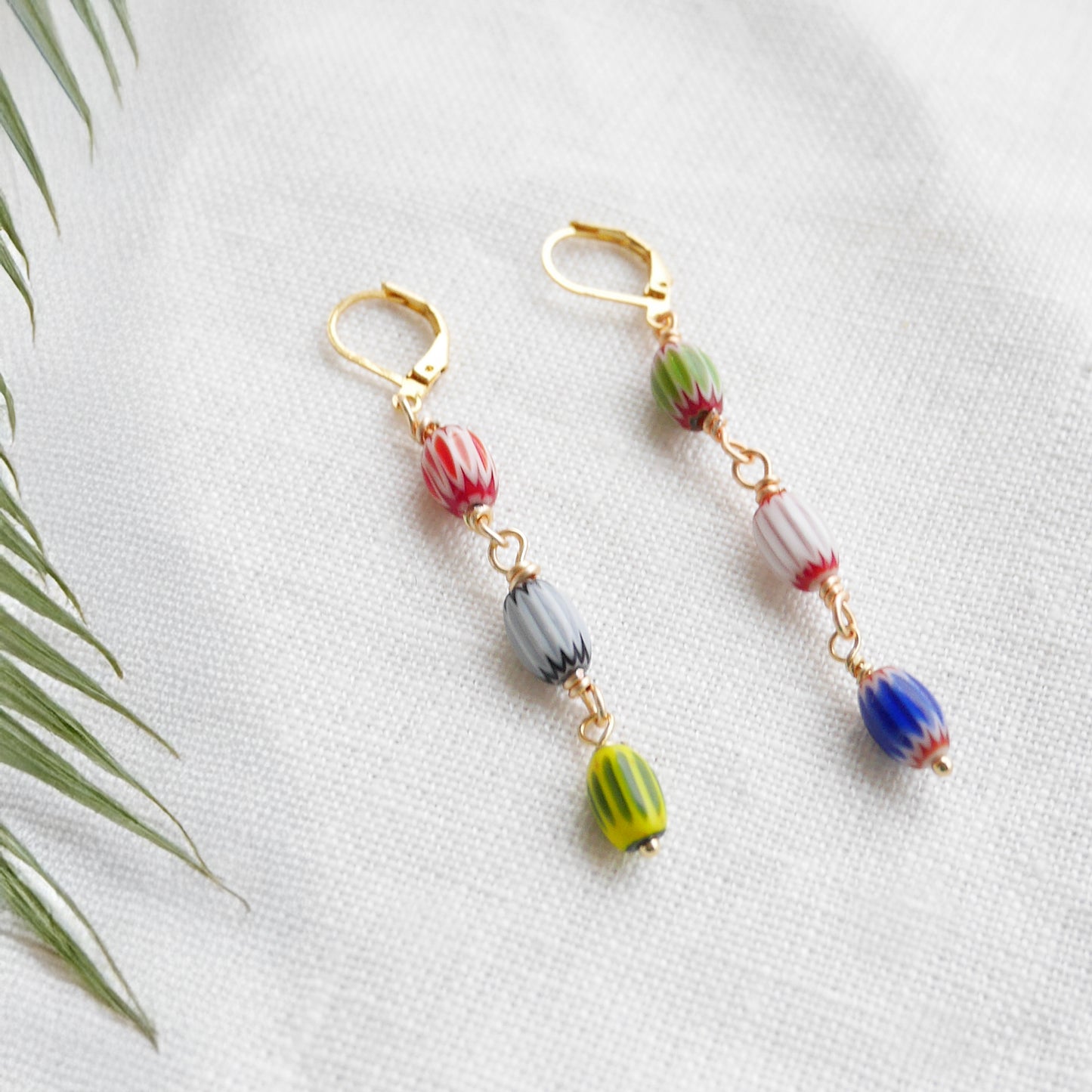 Colorful striped glass barrel earrings – long handmade dangle bead jewelry