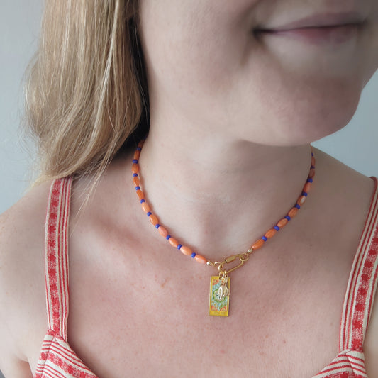 Orange blue charm necklace - choose your charms jewelry, mini carabiner front lock, custom handmade gift for her