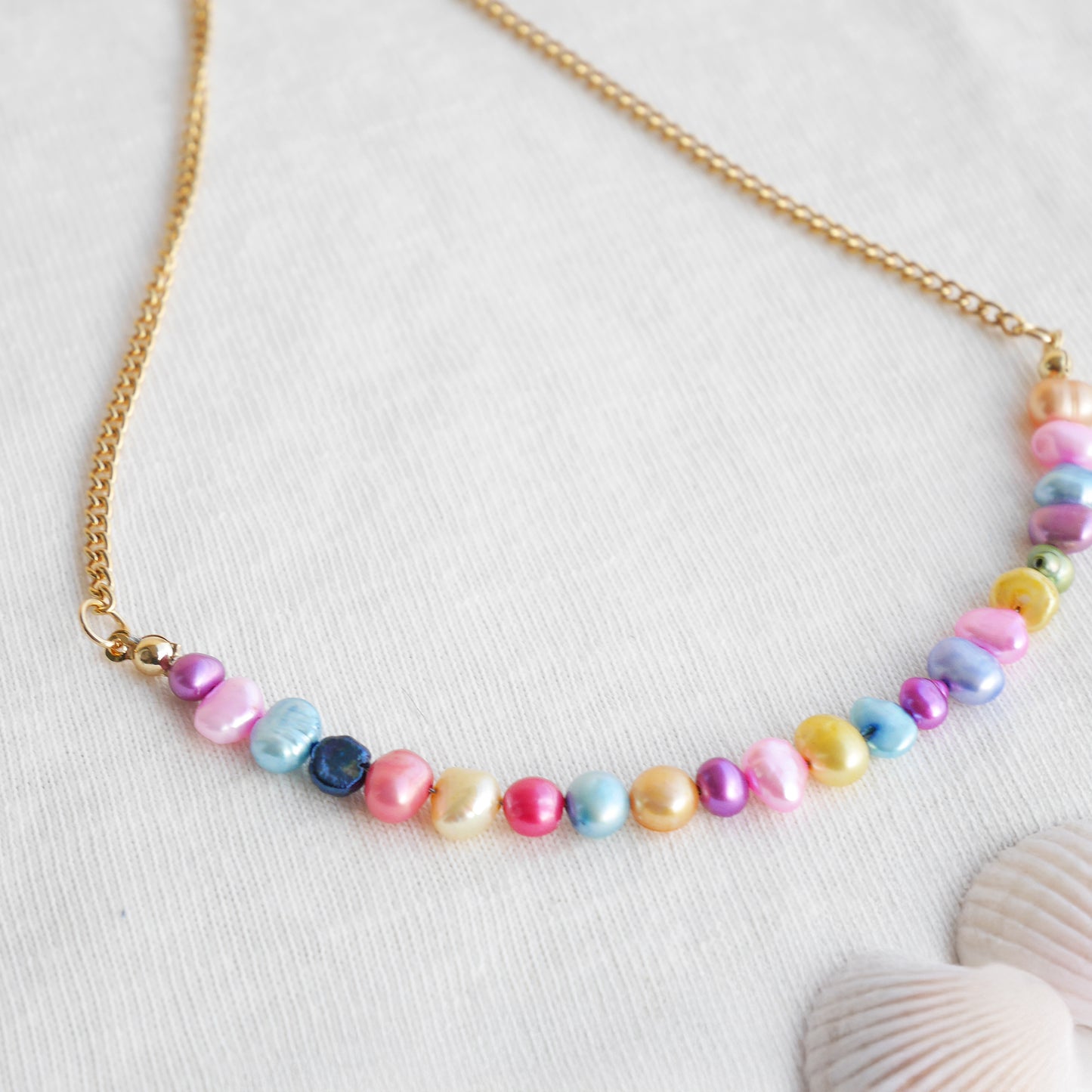 Freshwater pearl necklace - colorful pearls, gold steel chain, minimalist unisex