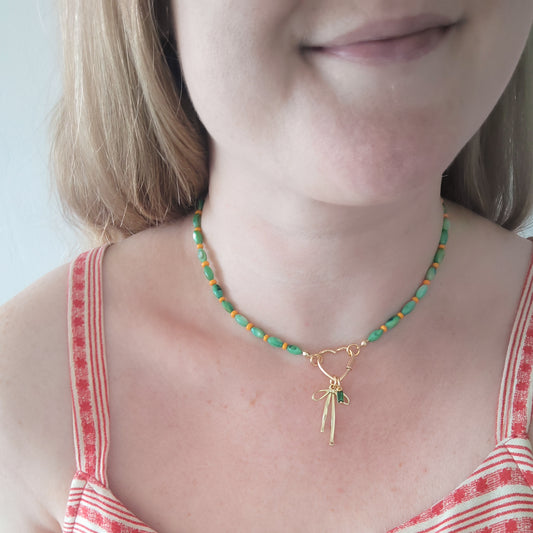 Green shell bead necklace - custom charm choker, heart carabiner front lock, personalized gift for her