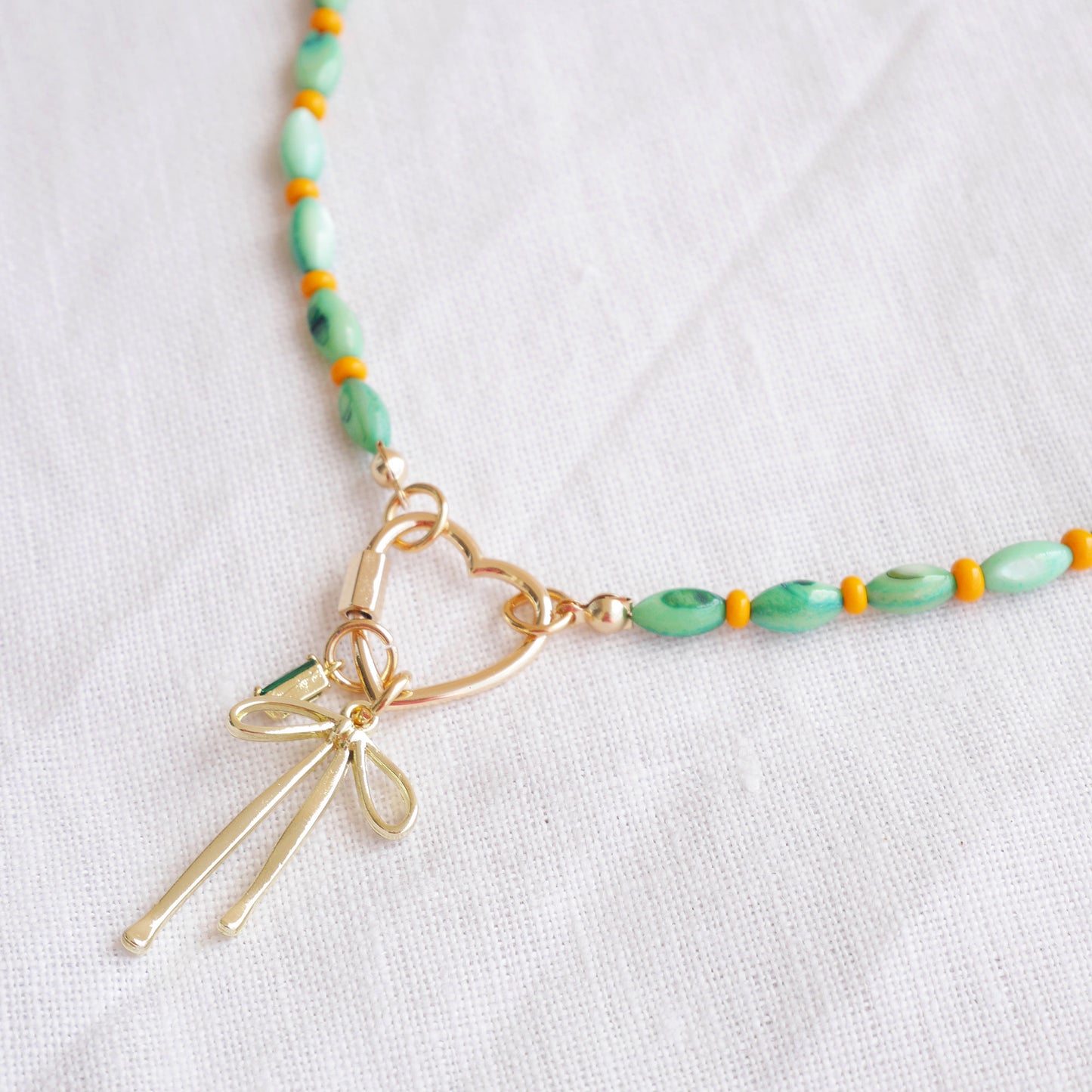 Green shell bead necklace - custom charm choker, heart carabiner front lock, personalized gift for her