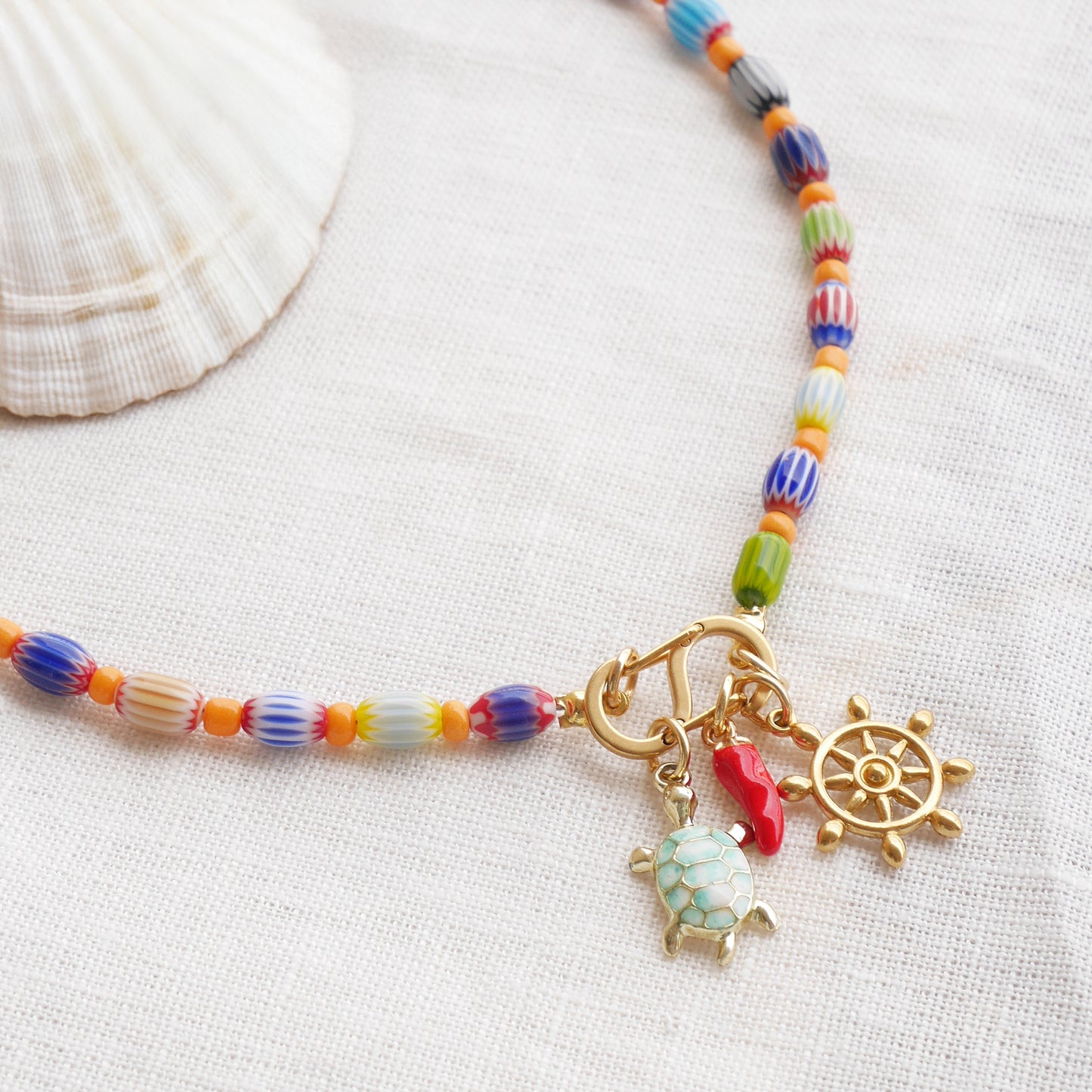 Front clasp custom charm necklace - carabiner choker, beaded colorful summer jewelry, barrel glass personalized gift for her