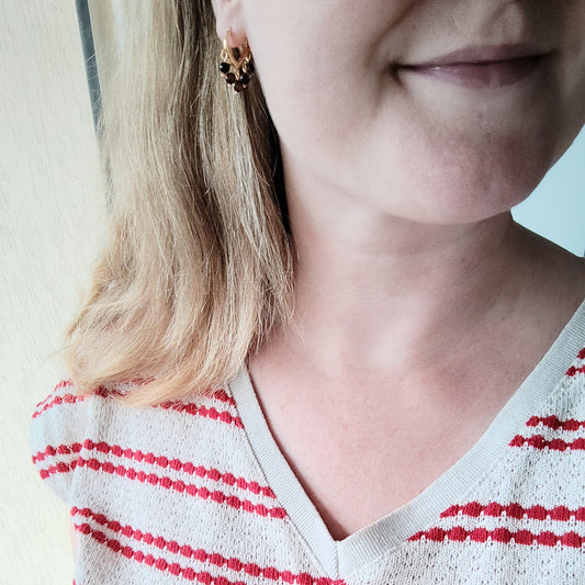 Tiger eye earrings - dainty brown stone hoops, 14k gold-plated, boho style