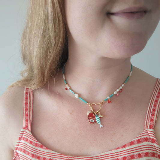 Turquoise initial charm necklace - seed bead choker, pick your charms customized gift for her, red accents freshwater pearl jewelry