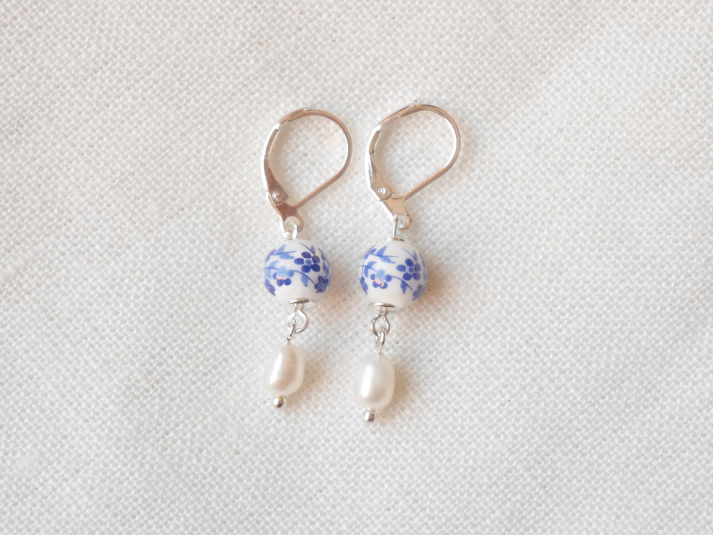 Blue porcelain pearl earrings | Dainty minimalist pearl earrings | Floral blue jewelry | Blue and white freshwater pearl drop earrings