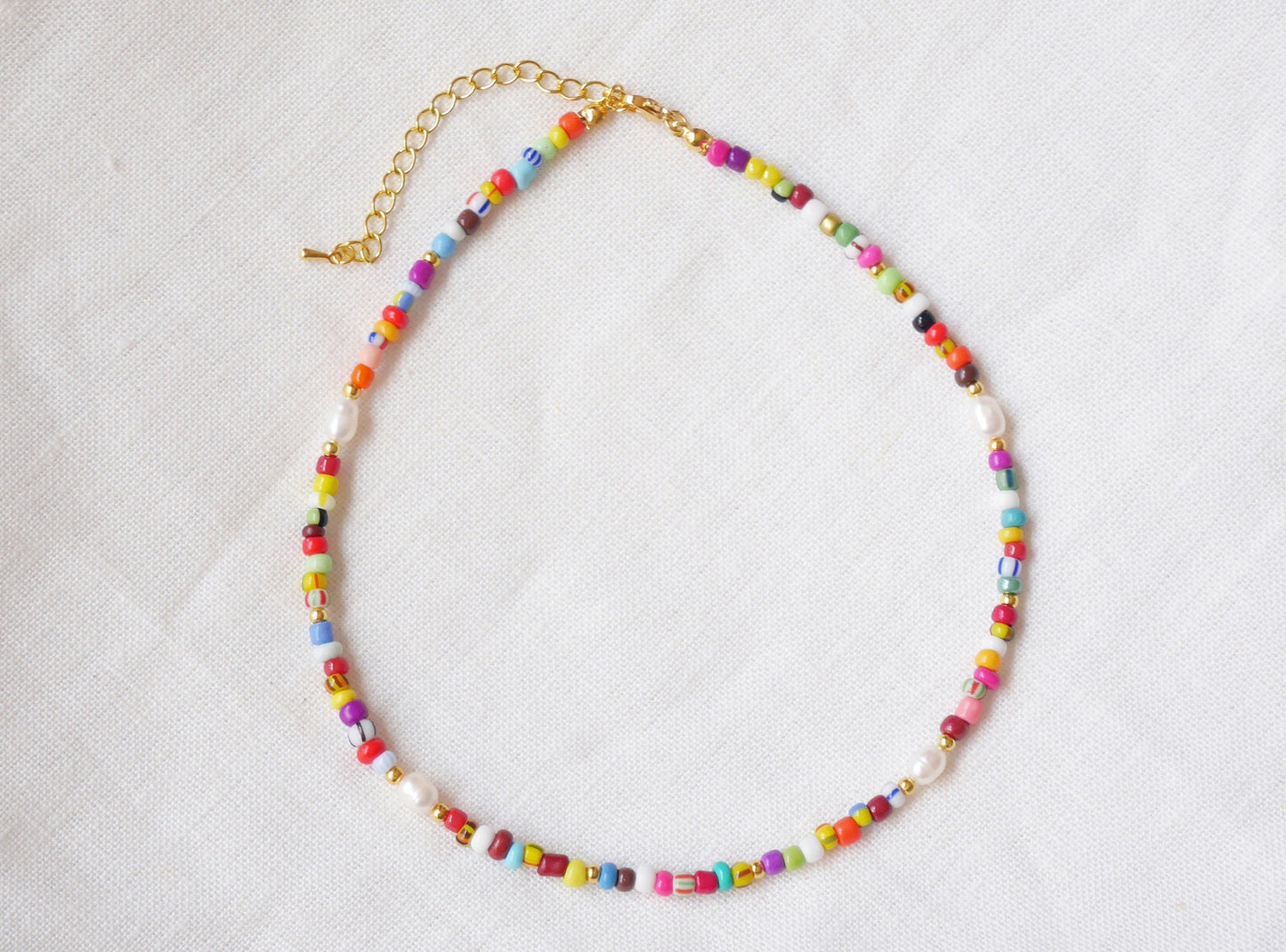 Colorful beaded necklace | Multicolor seed bead choker | Cute mixed glass beads and freshwater pearls jewelry | Handmade boho gift for her