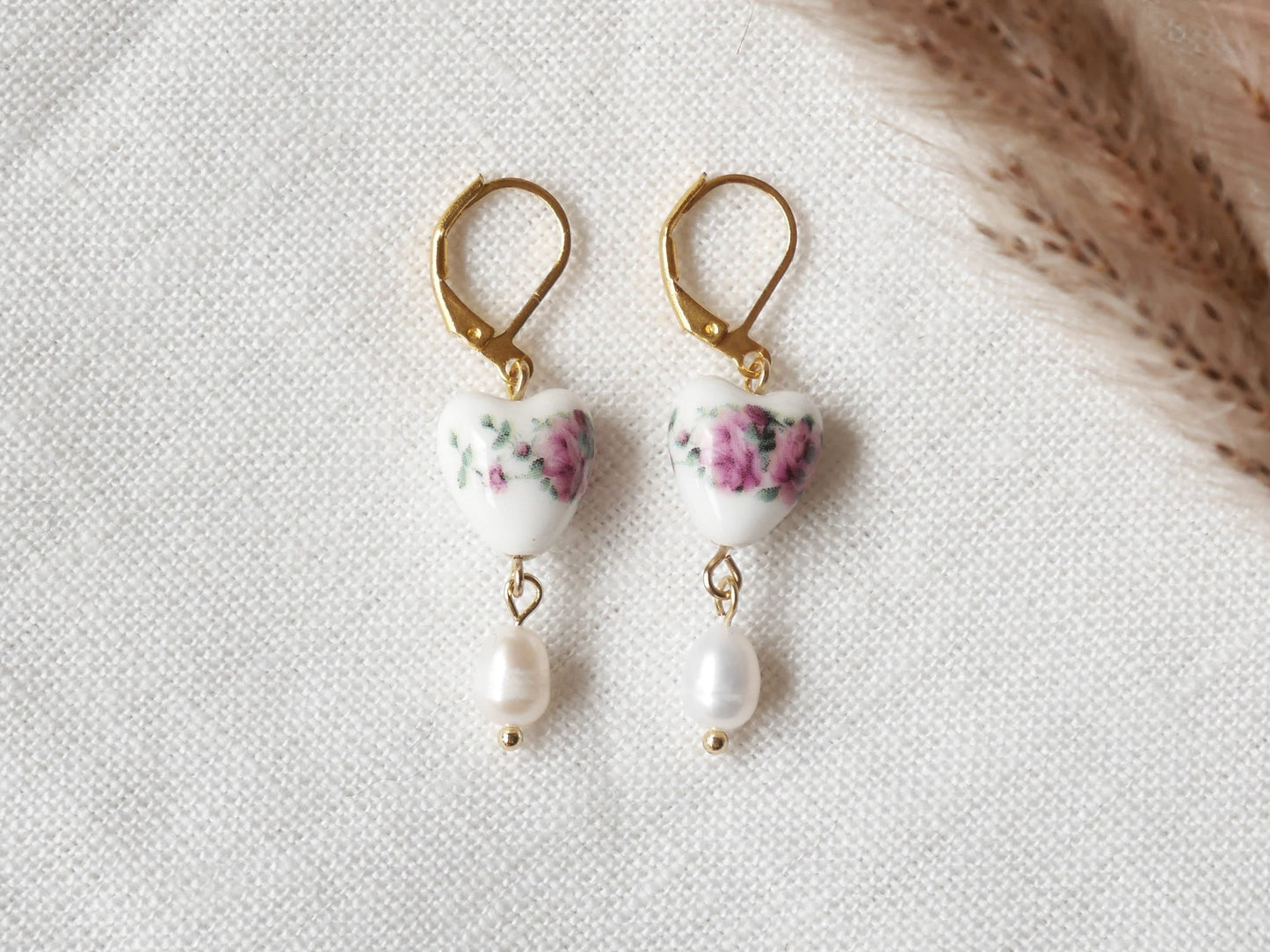 Porcelain rose heart earrings | Ceramic earrings | Porcelain pearl drop earrings | Rose pearl earrings | Romantic lever-back dangle earrings