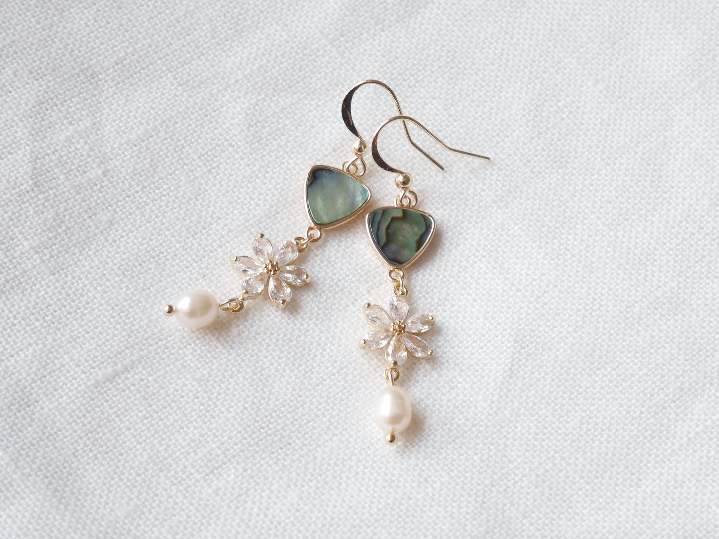 Flower wedding dangle earrings | Unique abalone freshwater pearl earrings | Beautiful long bridal jewelry | Zircon design gift for woman
