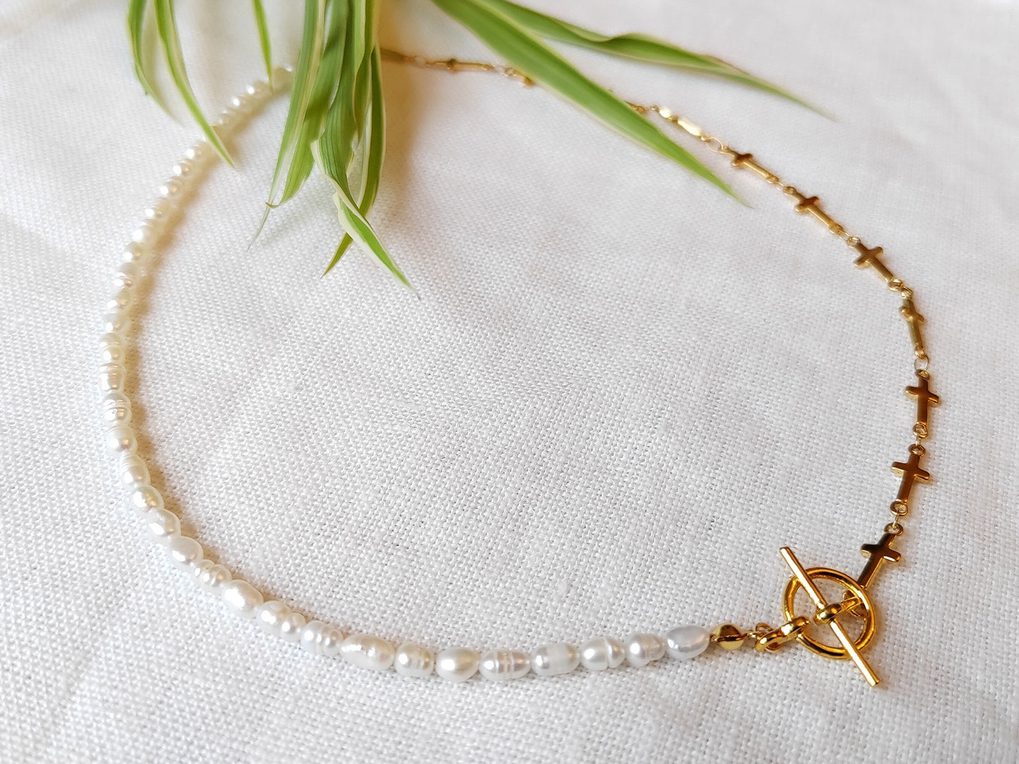 Pearl cross necklace | Half pearl half chain necklace | Dainty cross chain choker with small freshwater pearls | Religious gift for her