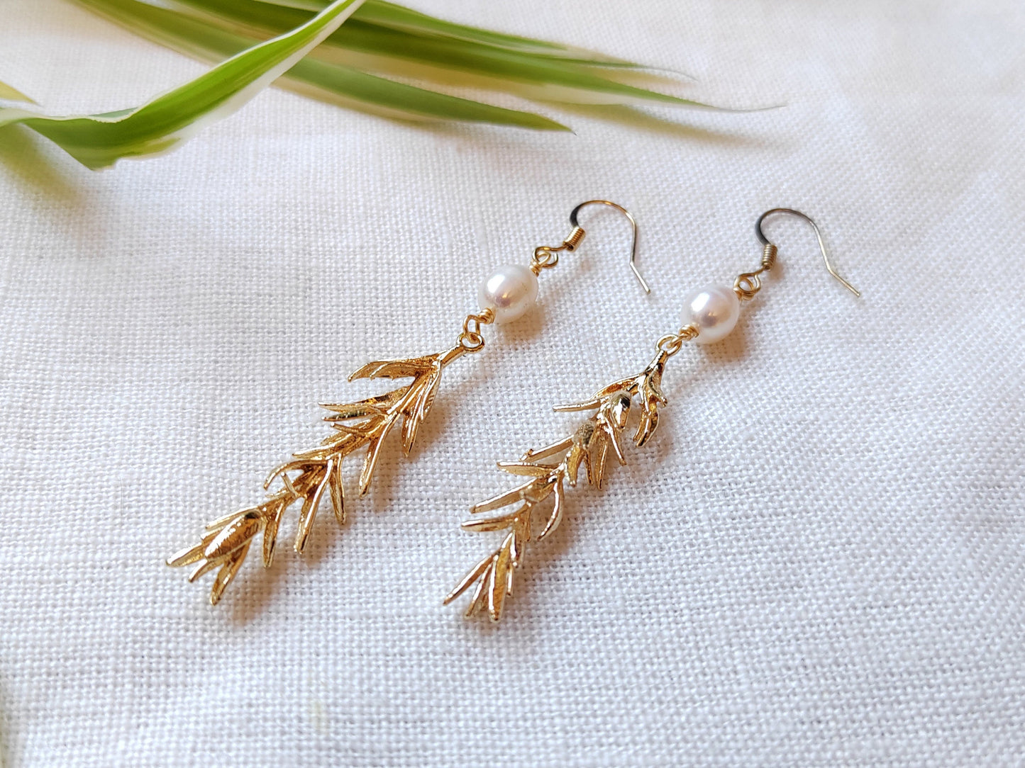 Long freshwater pearl leaf earrings | Gold dangle wedding earrings | Beautiful pearl rosemary branch earring | Elegant chic boho jewelry