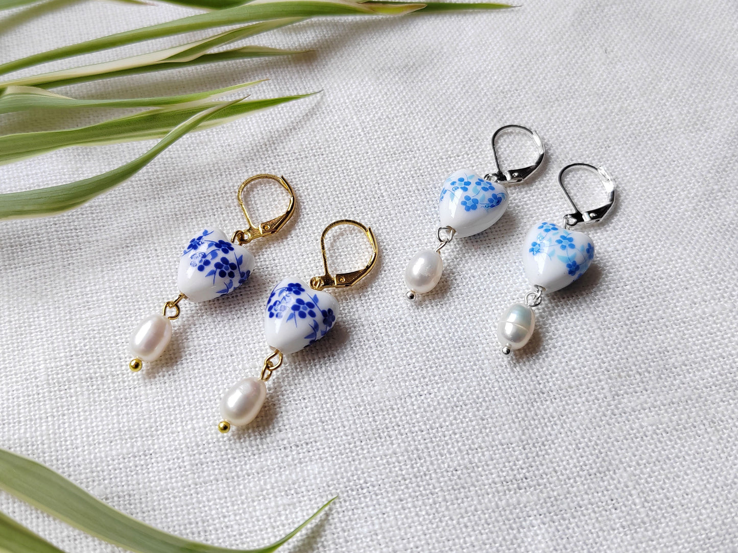 Blue porcelain earrings | Cute blue heart ceramics earring | Freshwater pearl bridesmaid drop earrings | Floral chinoiserie jewelry gift