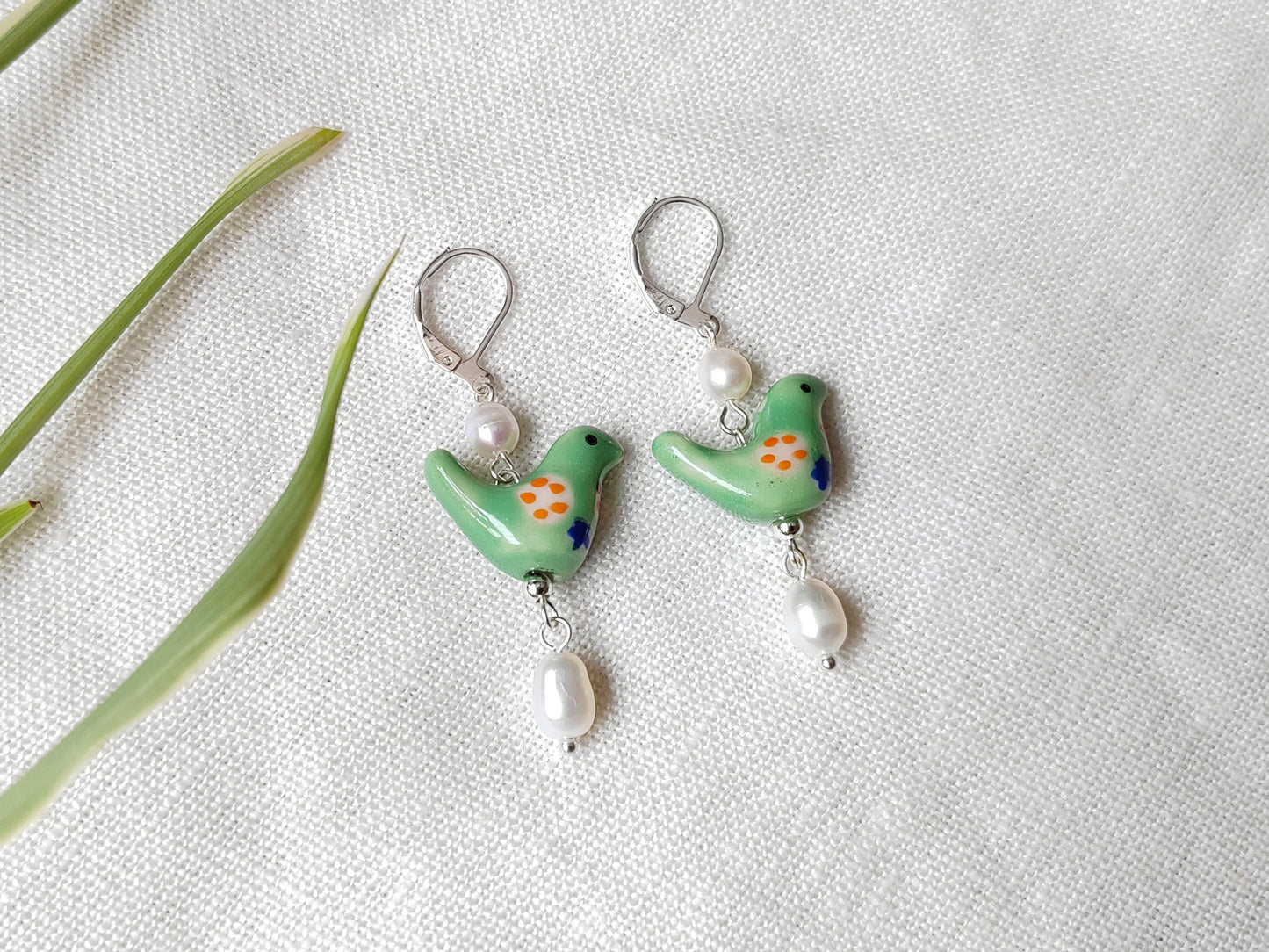 Green bird porcelain earrings | Colorful ceramic earrings | Cute animal drop earring with freshwater pearls | Dainty green gold earrings