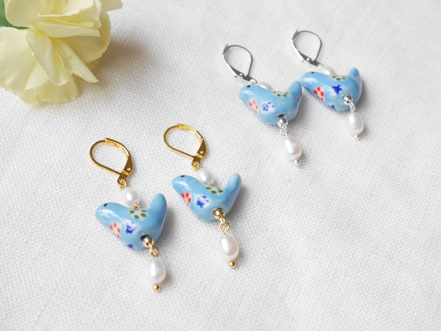 Blue porcelain bird earrings | Ceramic pearl earrings | Cute porcelain drop earrings with freshwater pearls | Unique quirky jewelry for her