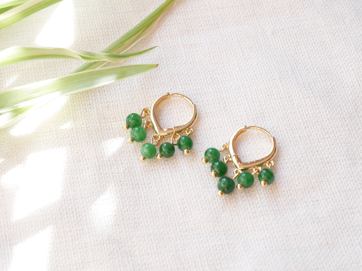 Green jade hoop earrings | Round green stone earrings | Dainty hoops with five natural stone beads | Minimalist cute unique jade jewelry