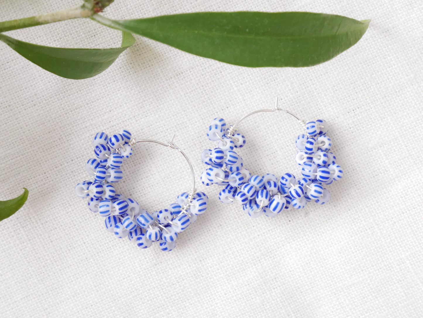 Blue and white hoop earrings | Round seed bead earrings | Beaded statement hoops | Nautical sailor sea theme | Handmade jewelry gift for her