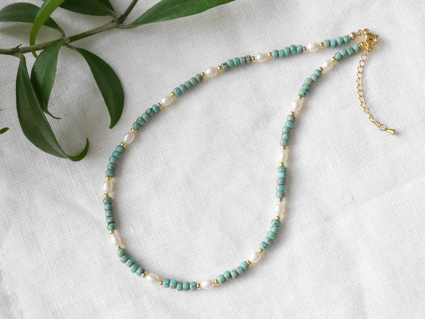 Seafoam beaded necklace | Dainty freshwater pearl choker with turquoise Miyuki Picasso glass beads | Cute muted colors jewelry gift for her