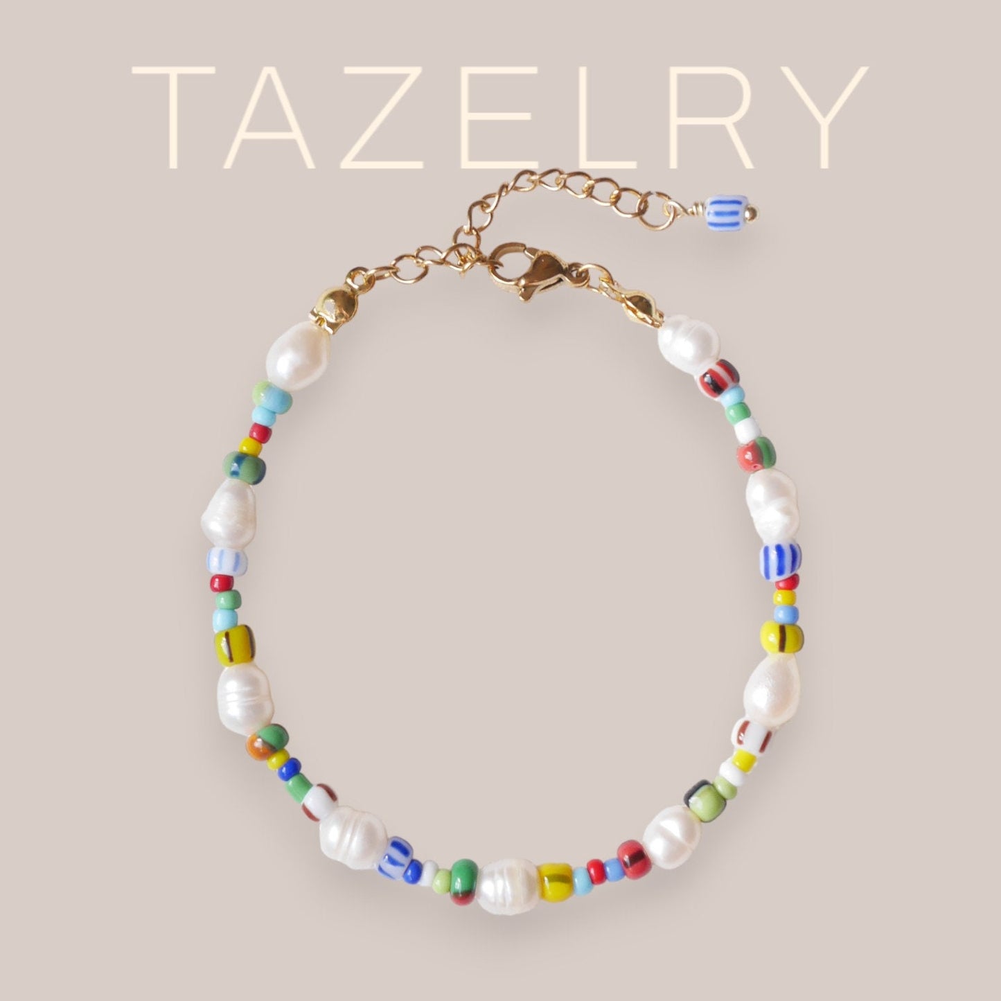 Freshwater pearl bracelet with striped beads | Stripe pattern seed bead jewelry | Adjustable colorful cute summer bracelet for her