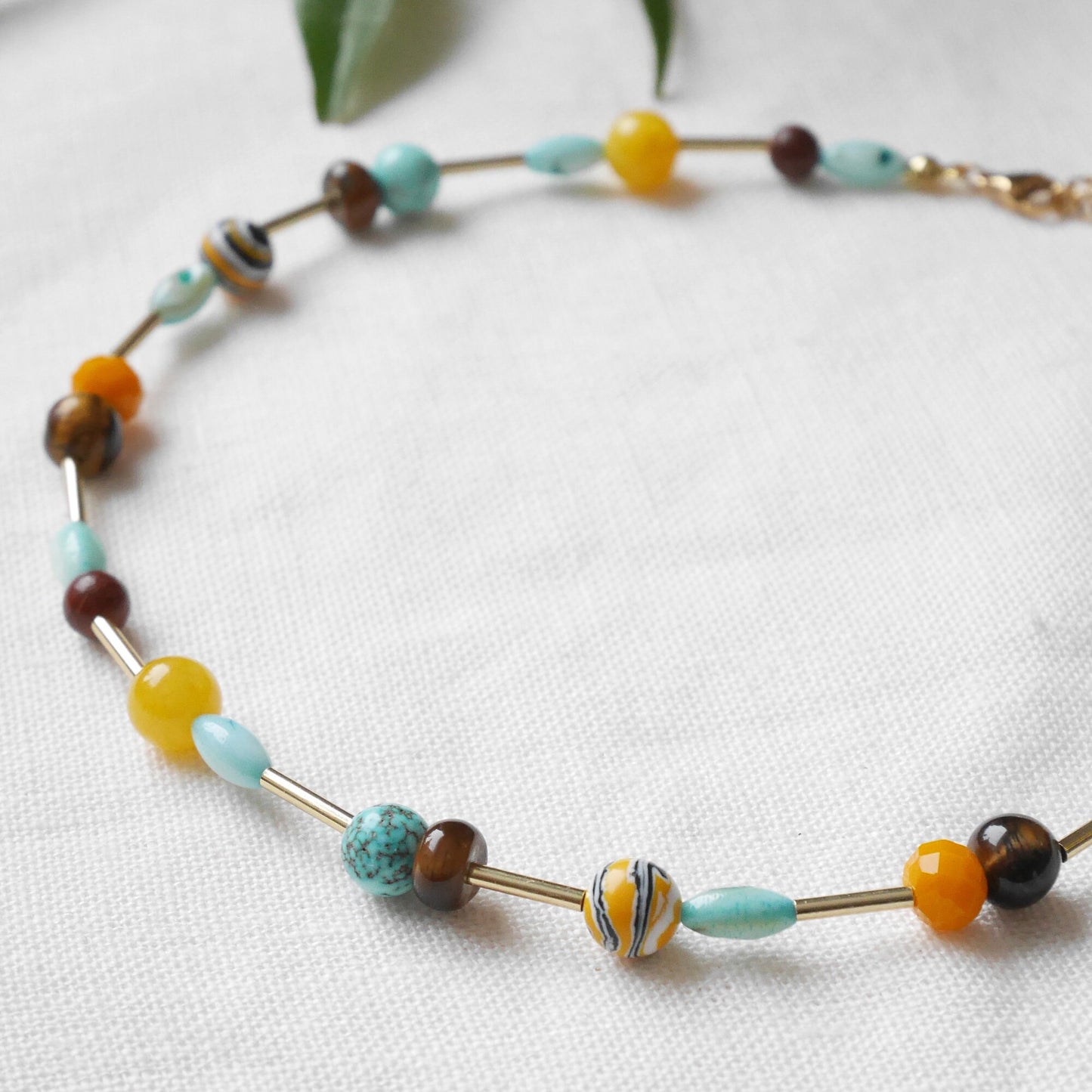 Turquoise and yellow beads necklace | Mixed colors beaded necklace | Multicolor gemstone choker | Happy cute handmade jewelry gift for woman