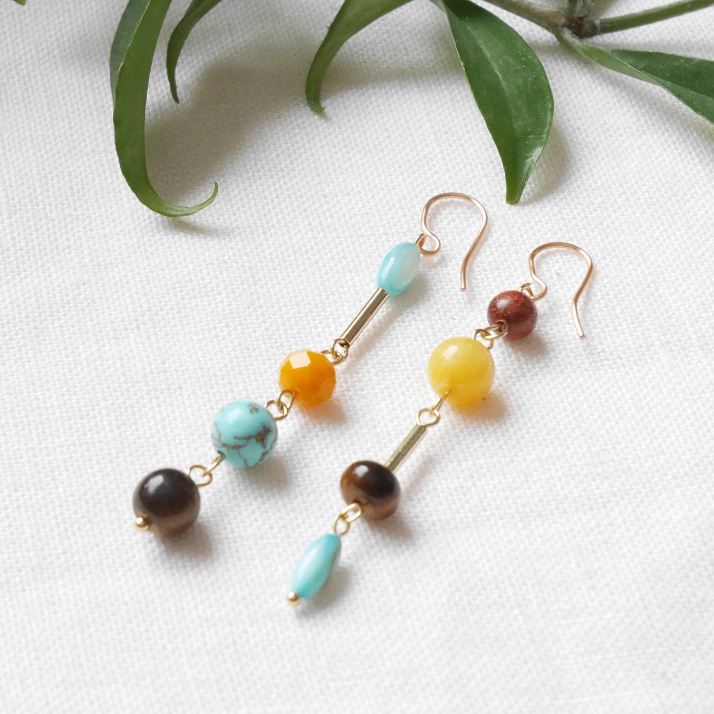 Turquoise and yellow beads earrings | Fun colorful jewelry | Long funky mismatched earrings | Multicolor bead handmade earrings gift for her