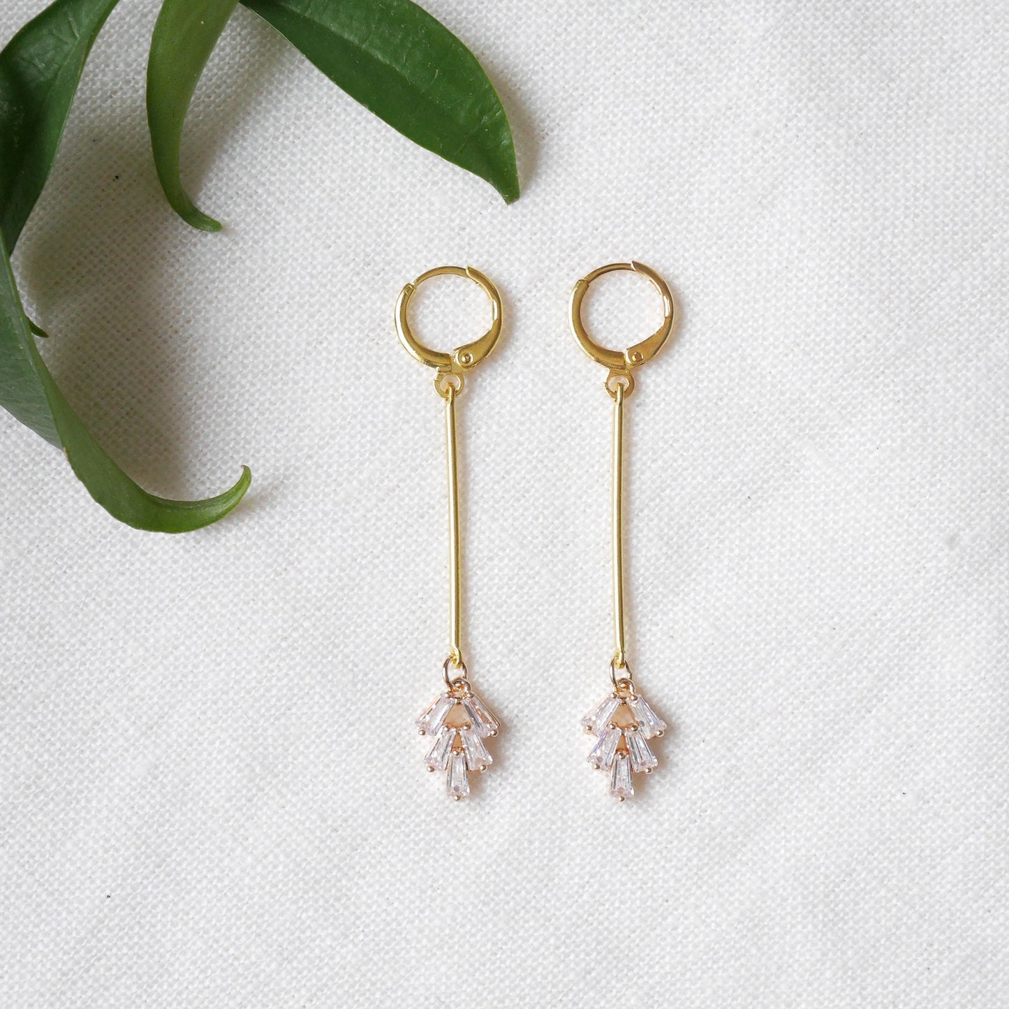 Art deco bar earrings | Fan shape minimalist jewelry | Zircon charm dangle earrings | Dainty long gold earrings | Cute birthday gift for her