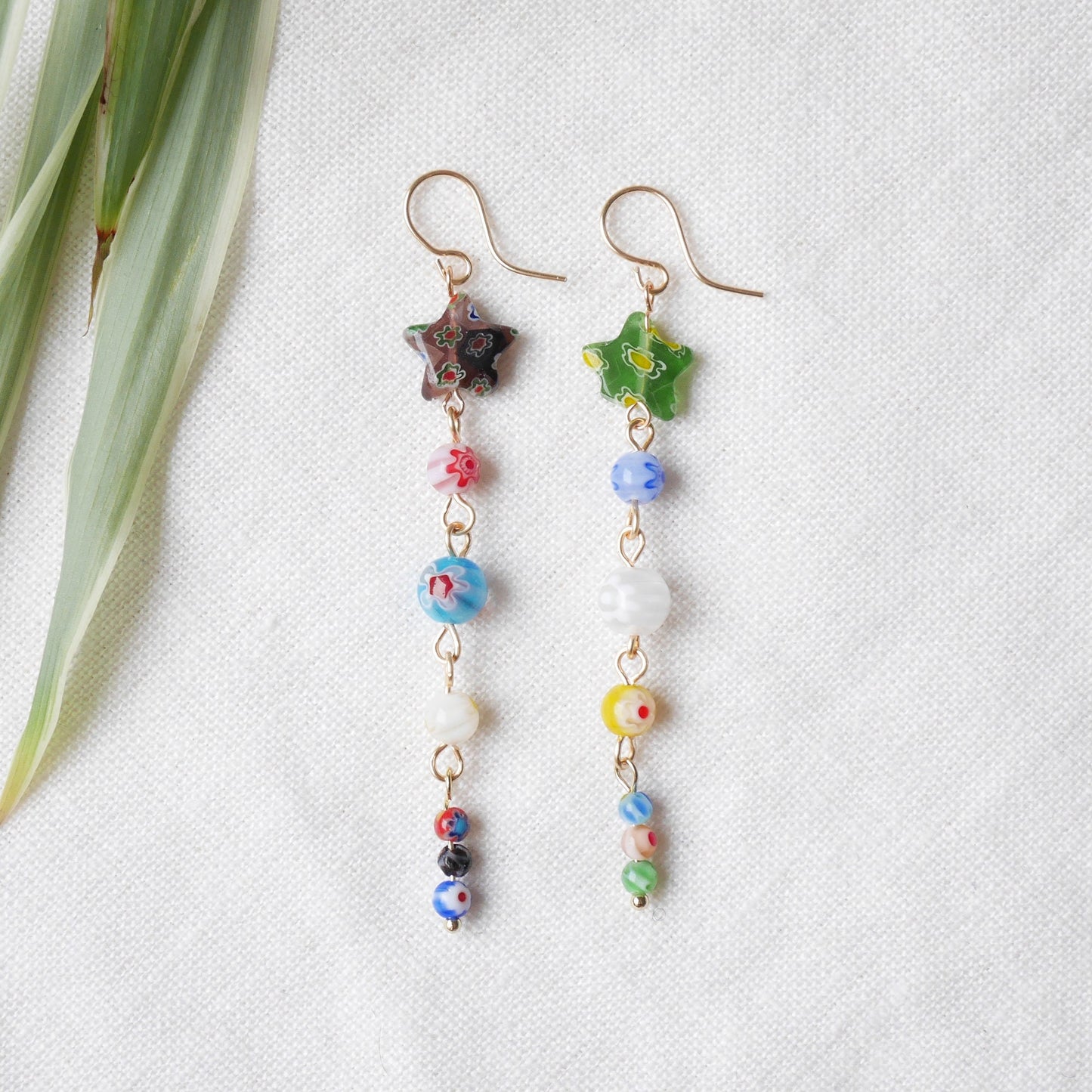 Long millefiori glass earrings – colorful bead statement dangle star jewelry