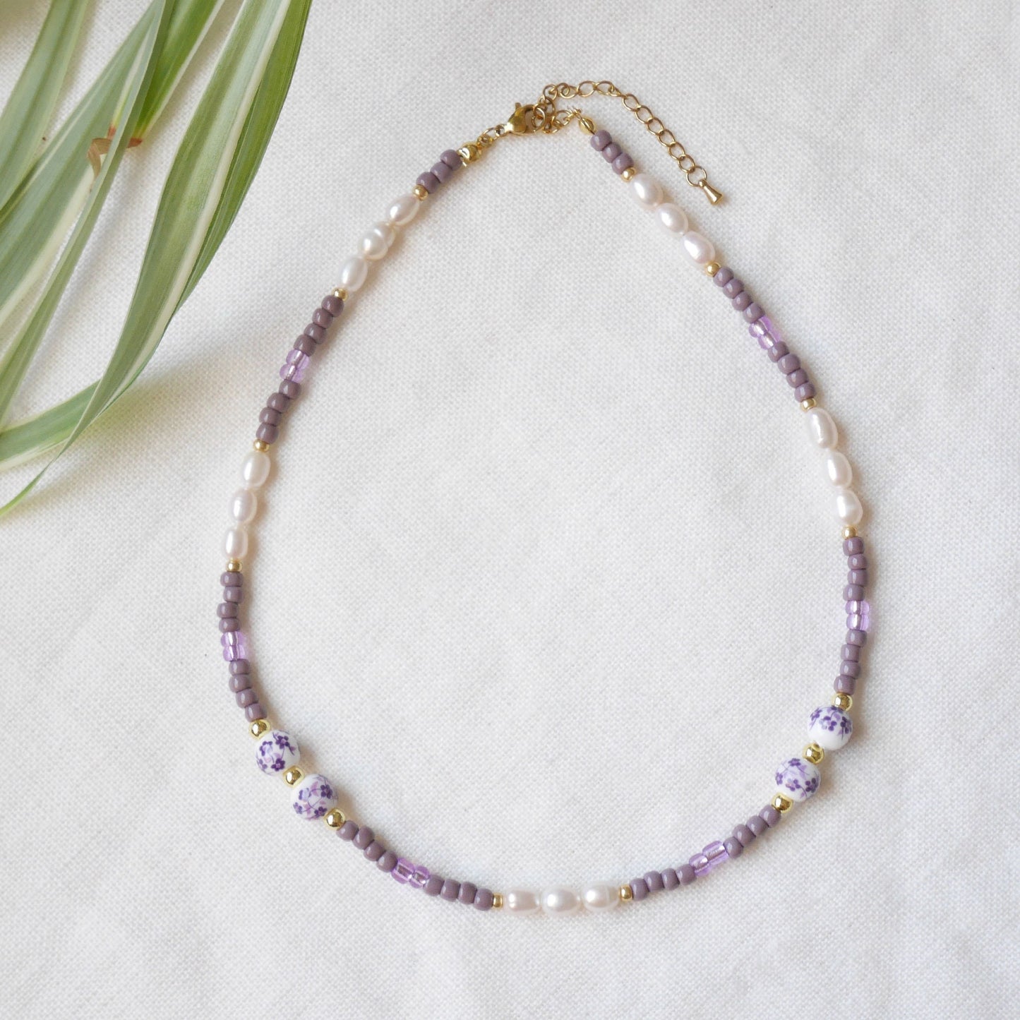 Lavender pearl necklace | Lilac porcelain bead necklace | Purple beads beaded jewelry | Cute violet seed bead freshwater pearl choker gift