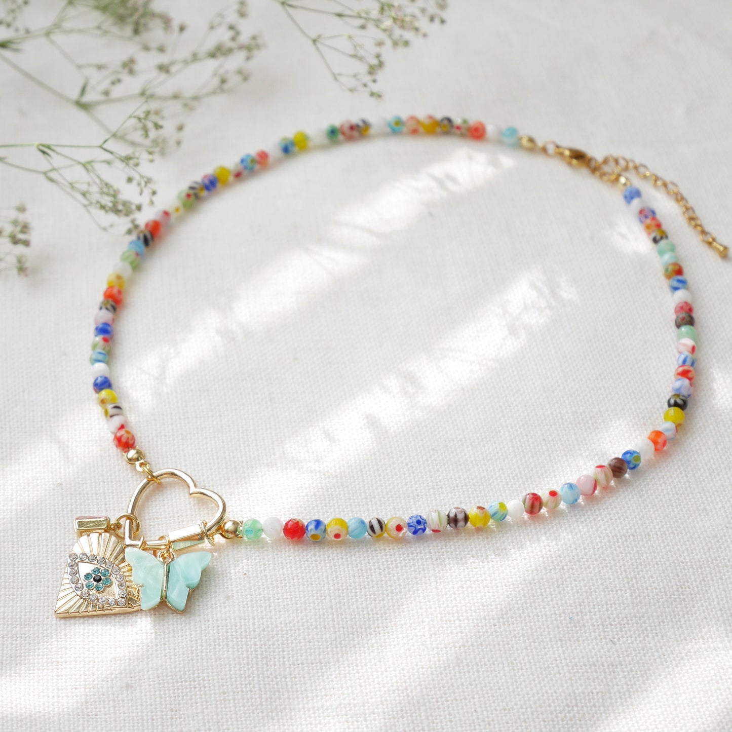 Millefiori heart carabiner necklace | Charms in a lock necklace | Custom pendants beaded jewelry | Colorful beads customized gift for her