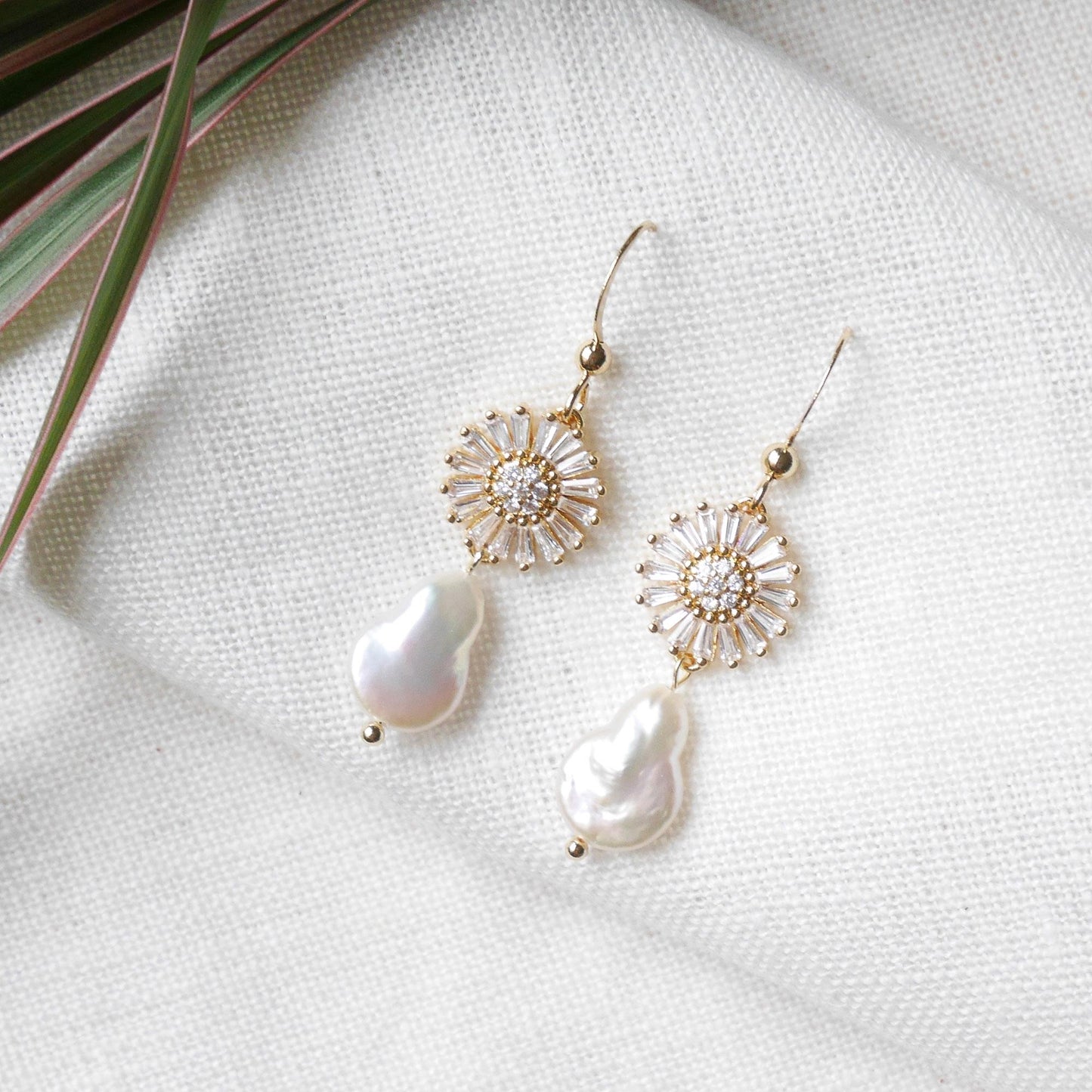 Flower pearl drop earrings | Zircon daisy earrings | Teardrop shape freshwater pearl dangle earrings gift | Floral gold earrings for bride