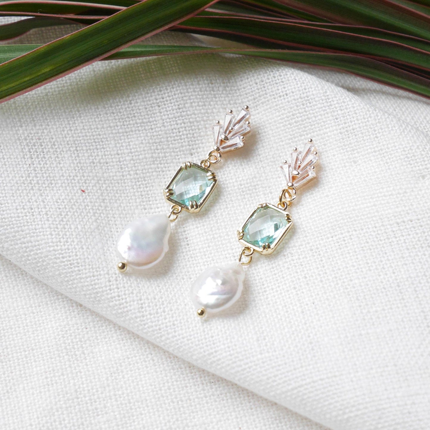 Something blue dangle earrings – dainty light blue glass and freshwater pearl drop