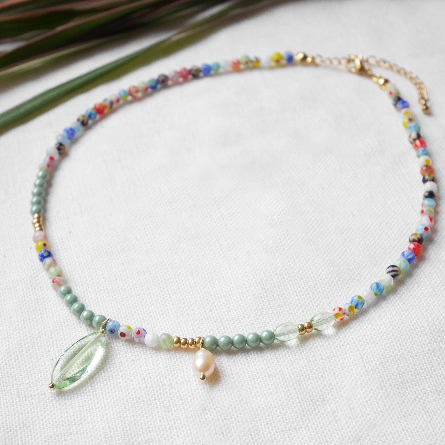 Millefiori green bead necklace | Mint green beaded necklace | Colorful glass beads jewelry | Dainty light pearl charm choker gift for her