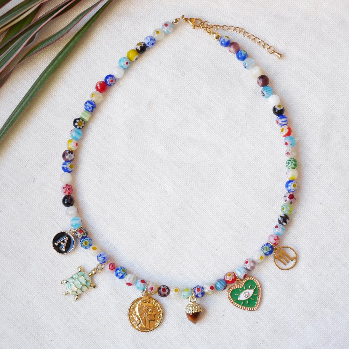 Colorful custom charms necklace | Personal Christmas gift | Millefiori glass bead choker with your choice of pendants | Cute present for her