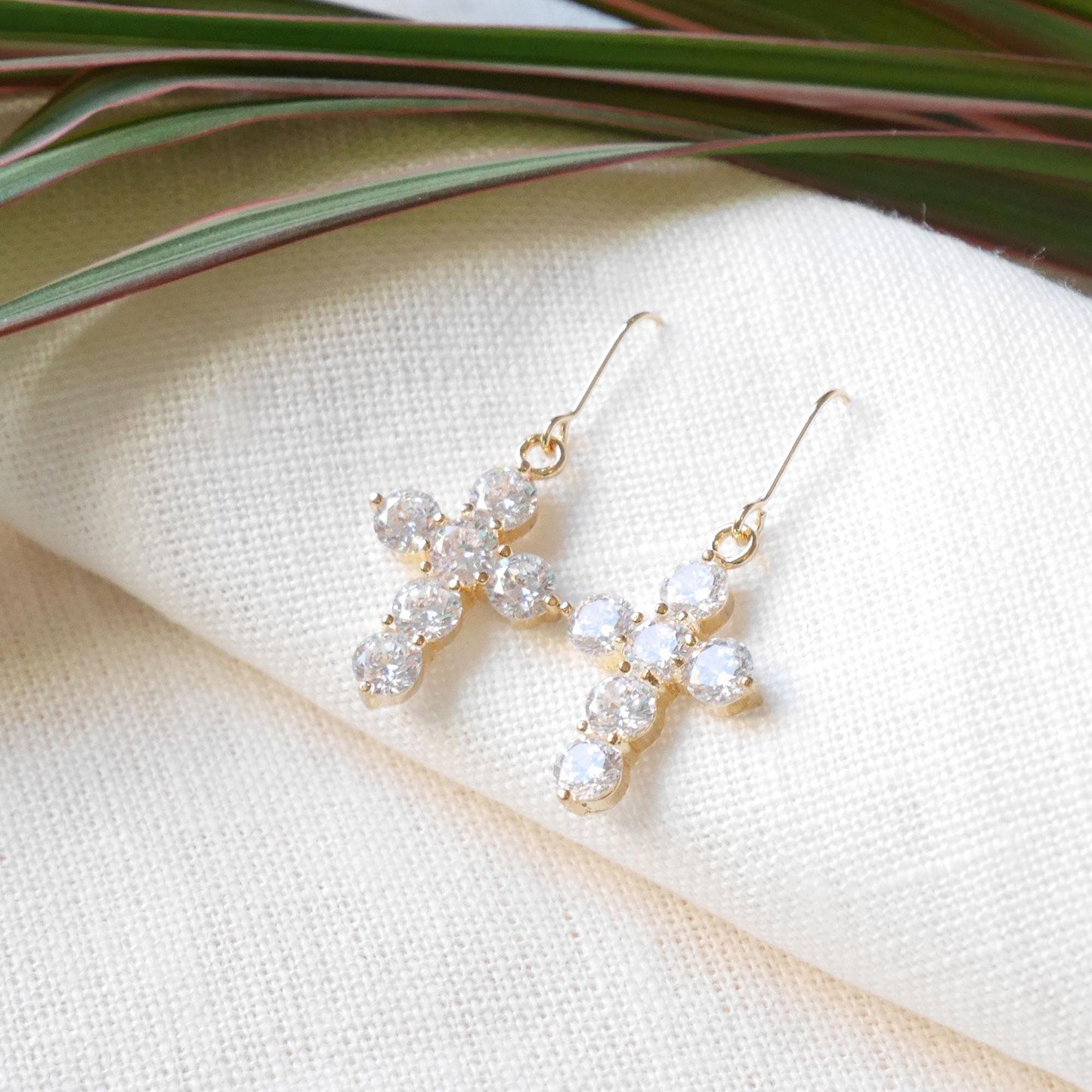 Zircon cross earrings | Gold-plated cross charm drop earrings | Christian jewelry gift for girl | Cute statement dangle earrings for her