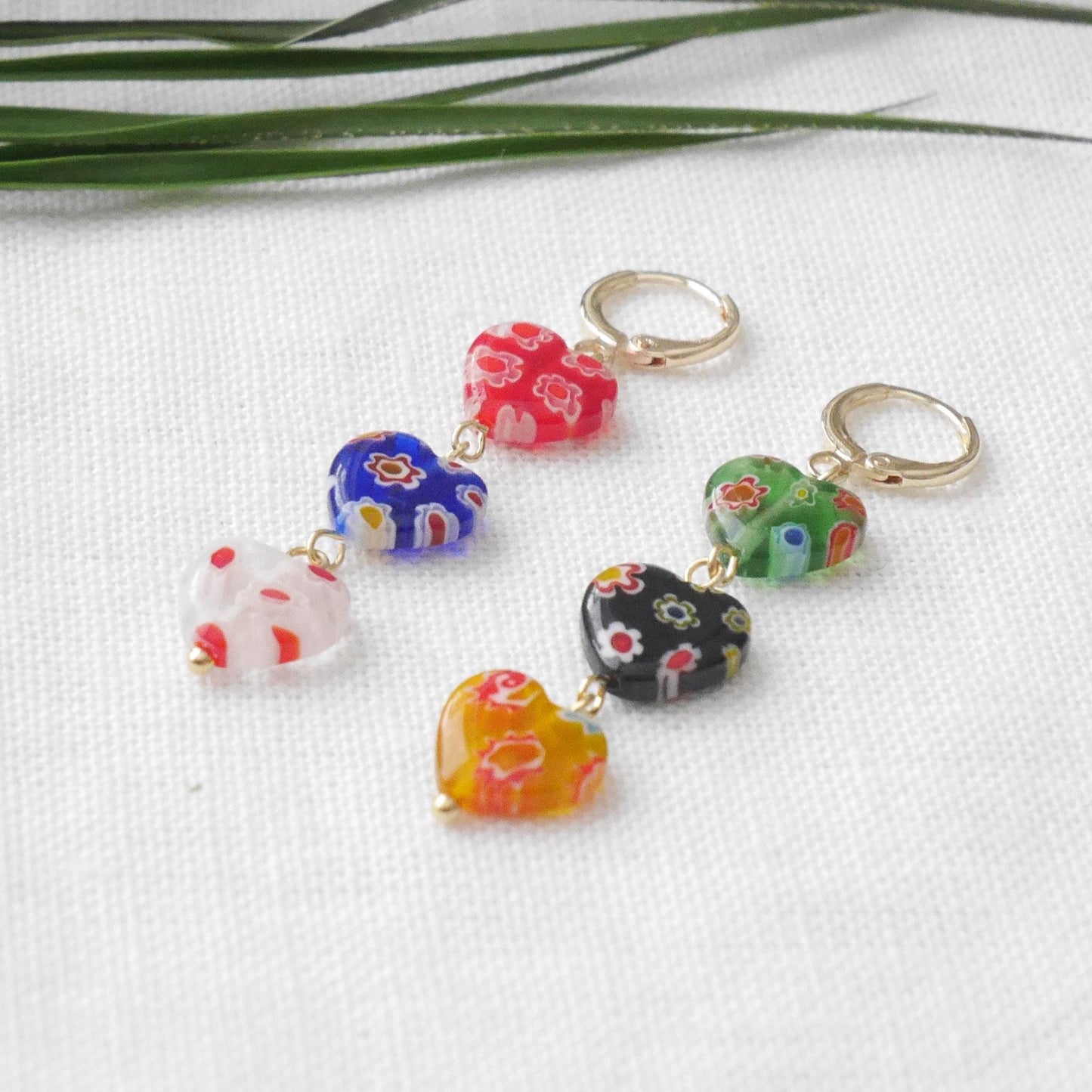 Millefiori heart earrings | Long colorful dangle earrings | Multicolor glass bead jewelry | Three hearts mismatched earrings gift for her