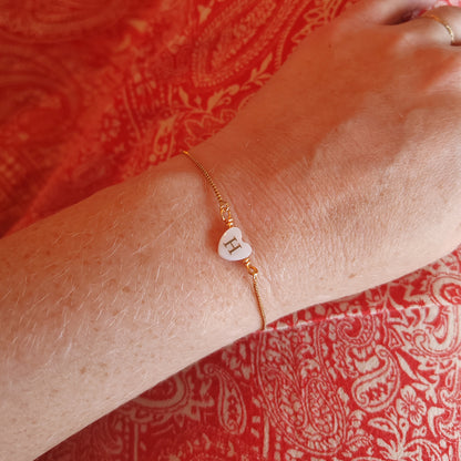 Adjustable initial heart bracelet - gold box chain slider with letter bead, personalized gift