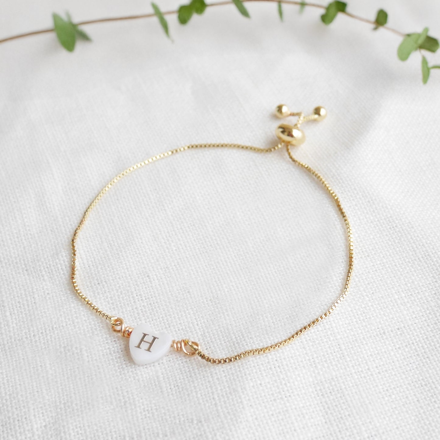 Adjustable initial heart bracelet - gold box chain slider with letter bead, personalized gift