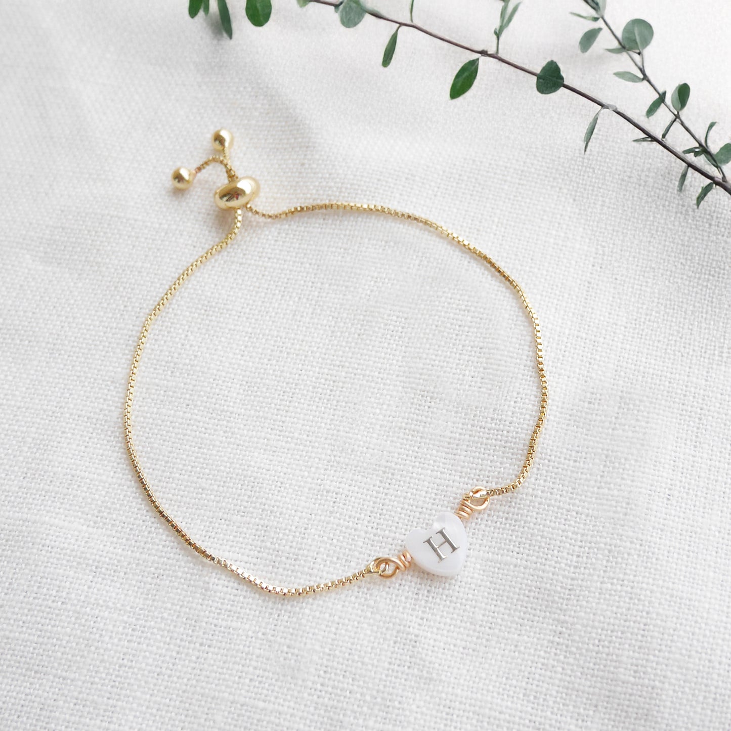 Adjustable initial heart bracelet - gold box chain slider with letter bead, personalized gift