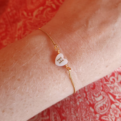 Adjustable initial heart bracelet - gold box chain slider with letter bead, personalized gift
