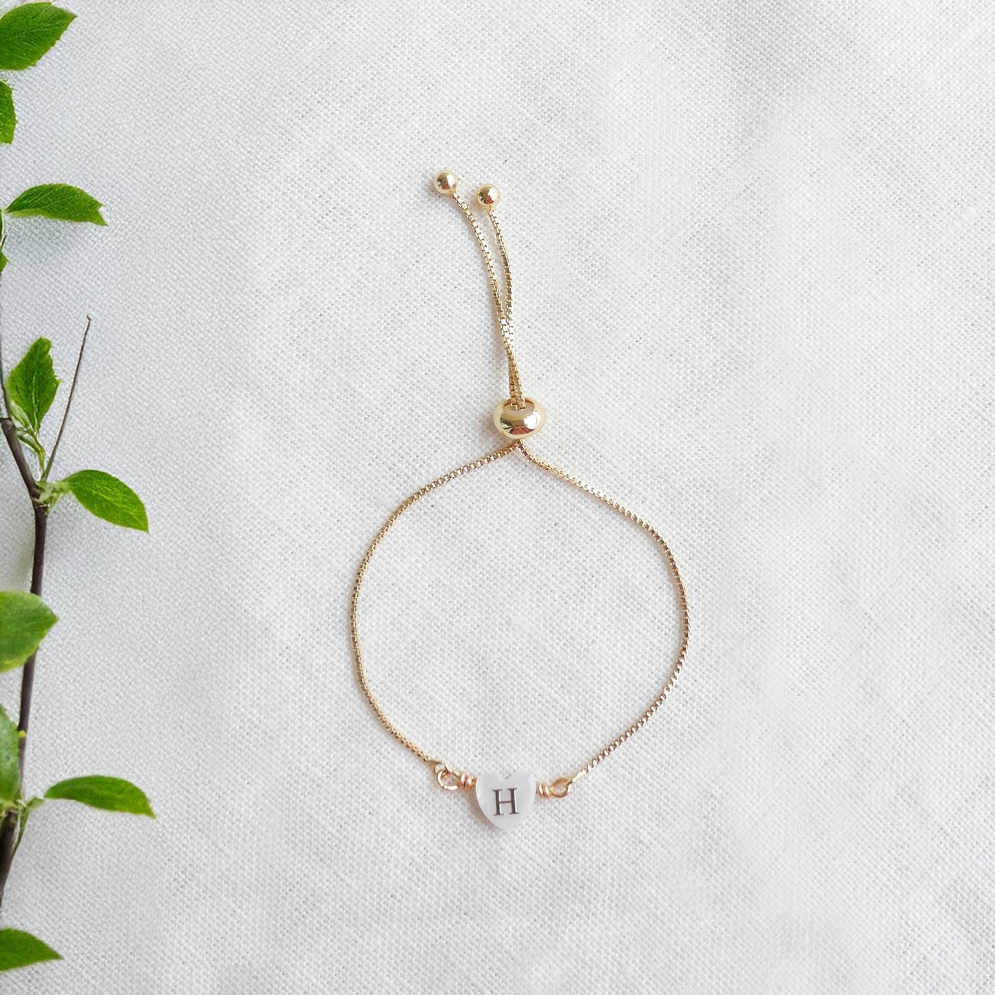Adjustable initial heart bracelet - gold box chain slider with letter bead, personalized gift