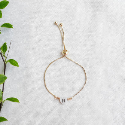 Adjustable initial heart bracelet - gold box chain slider with letter bead, personalized gift