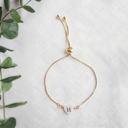 Adjustable initial heart bracelet - gold box chain slider with letter bead, personalized gift