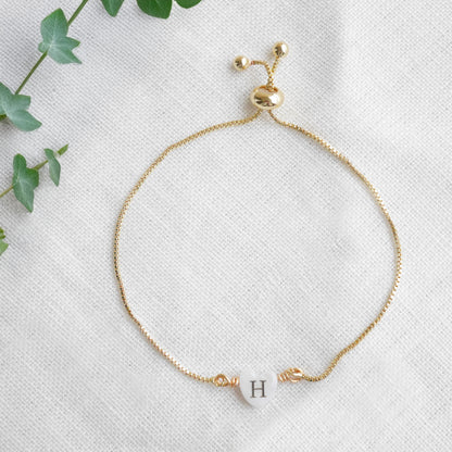 Adjustable initial heart bracelet - gold box chain slider with letter bead, personalized gift